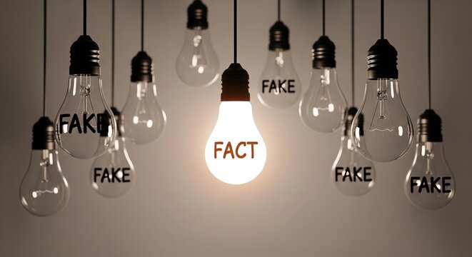 One glowing light bulb with the word fact among many dim light bulbs labeled fake. Concept of distinguishing truth from misinformation in news.