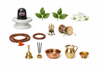 Colorful 3D icon set of Shiva Lingam, trishul, damru, rudraksha, flowers, incense and copper vessels for Maha Shivaratri. Hindu pooja elements, spiritual items, worship collection illustration