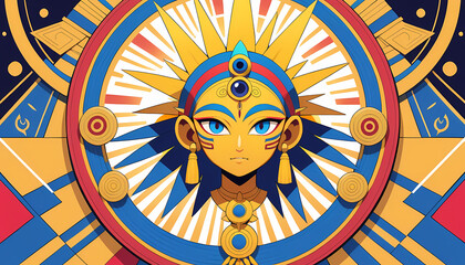 Stylized ancient Egyptian deity with sun rays and geometric patterns in blue and gold