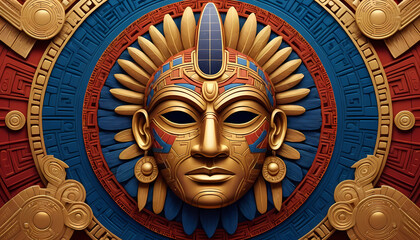Intricate golden Aztec mask with feathered headdress and circular patterned background