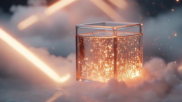 Glowing Cube in Smoke with Sparkling Particles