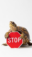 turtle holding a red stop sign, road sign, solid white background