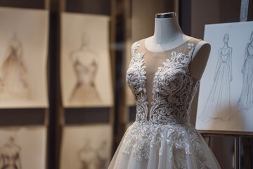 Beautiful Lace Bridal Gown Displayed in Fashion Studio With Creative Sketches and Designs for Luxury Wedding Attire