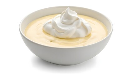 A close-up shot of a bowl of vanilla pudding topped with a dollop of whipped cream, inviting indulgence. The cream is fluffy, and the pudding is smooth and creamy