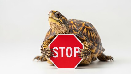 turtle holding a red stop sign, road sign, solid white background