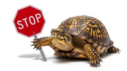turtle holding a red stop sign, road sign, solid white background