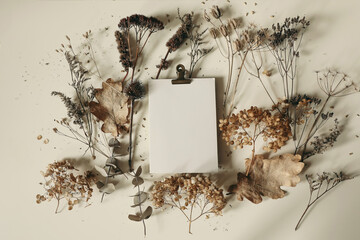 Autumn Botanical Flat Lay with Dried Flowers, Leaves. Seeds. Blank Paper on Beige Background. Rustic Seasonal Frame, Minimal Nature Composition, Vintage Herbarium, Greeting card, invitation mockup