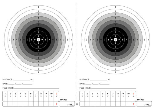 Blank A4 paper shooting target template with two bullseyes, scoring rings, fields for distance, date, name, and 10-shot score table (total /100 pts). Ideal for training scorecard.
