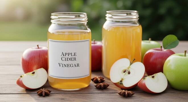 Two glass jars filled with apple cider vinegar, surrounded by fresh apples and star anise on a rustic wooden surface.