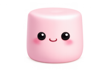 Pink marshmallow character with smiling face, big eyes, and rosy cheeks on transparent background