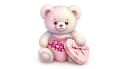 Cute fluffy bear holding a box of heart-shaped chocolates on a white background. AI generated.