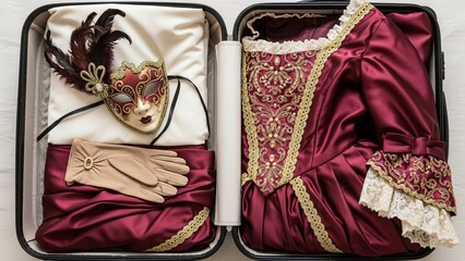 Venetian carnival costume and mask packed in suitcase
