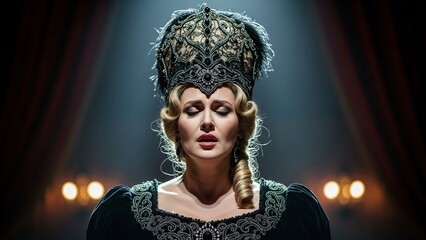 A stunning woman in a vintage costume sings opera under stage lights