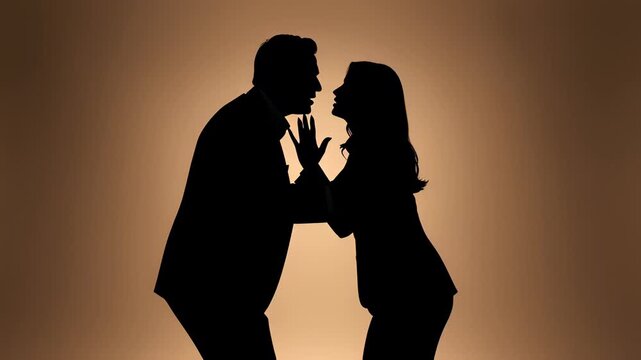 Silhouette animation of an angry couple arguing and pointing fingers against a sepia background, illustrating domestic violence and relationship conflict concepts.