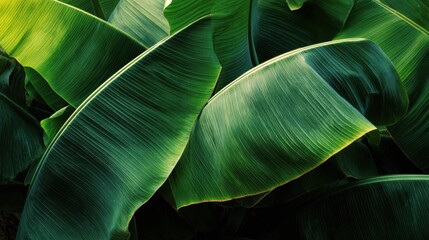 Lush green banana leaves with natural texture and light, tropical background, exotic nature close-up