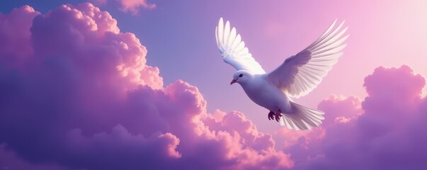 Majestic white dove soars, wings fully extended, dramatic purple clouds backdrop , bird, beautiful