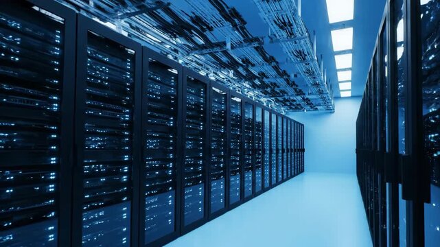 Illuminated data center servers featuring blue hues, server racks, and a futuristic tech background showcasing data storage and processing capabilities.