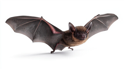 Obraz premium Flying Bat with Spread Wings Isolated on White Background Showing Detailed Wing Texture and Wildlife Motion