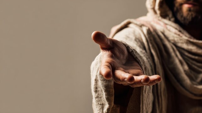 Jesus extending his hand as salvation on a beige background with copy space
