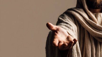 Jesus extending his hand as salvation on a beige background with copy space