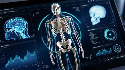 Futuristic blue medical HUD interface displaying a rotating 3D skeleton and brain scan, visualizing advanced anatomy analysis and digital healthcare technology. - Powered by Adobe
