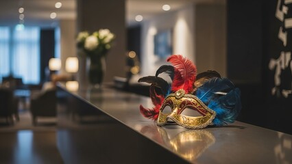 Colorful carnival mask on luxury hotel counter