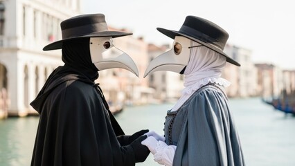 Plague doctors holding hands in Venice canal