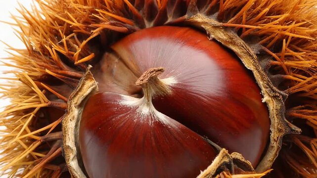 鋭い殻の中から顔を出す栗が接写され秋の森の恵みを力強く表現する一枚