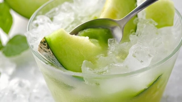 氷を添えたメロンシャーベットをスプーンで味わう夏向きの清涼デザート