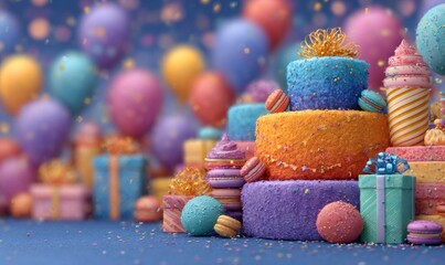 Vibrant tiered cakes, gifts, and macarons on a blue background, celebrating a festive event with confetti and balloons