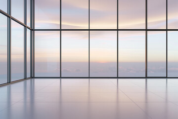 Fototapeta premium Modern glass office interior with panoramic windows and sky view, minimal corporate background