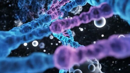 Dynamic 3D rendering of a vibrant blue and purple DNA double helix structure intricately detailed and glowing amidst a dark abstract microscopic environment filled with luminous particles symbolizing.