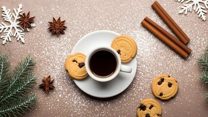 Flat lay of espresso cup with cookies, winter caf&eacute; atmosphere