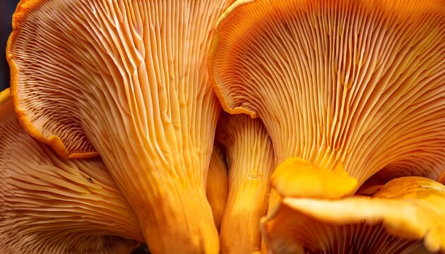 Abstract Nature Banner Of Gills Of Chanterelle Mushrooms Cantharellus Cibarius Aesthetic Closeup Yellow Orange Texture And Delicate Folds Of Fungus Natural Organic Geometry Forms Beauty Of Nature