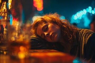 Late Night Party Leads to Unwanted Hangover in a Dimly Lit Bar With Colorful Lights