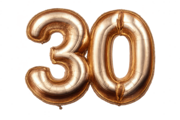 Number thirty gold balloon on transparent background for celebration.
