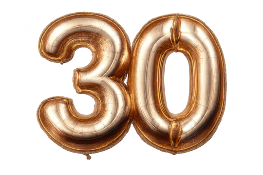 Number thirty gold balloon on transparent background for celebration. - Powered by Adobe