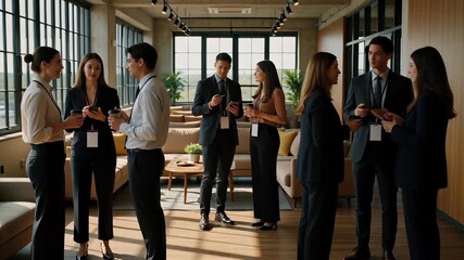 Diverse business people networking with smartphones and coffee cups in a spacious modern office with warm sunlight, illustrating corporate collaboration concepts - Powered by Adobe