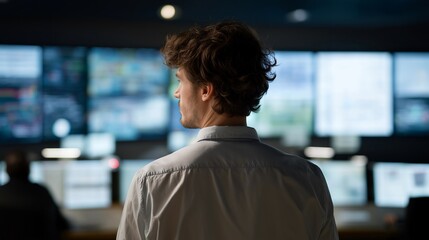 A power control room silhouette double-exposed with AI dashboards and renewable forecasting graphs, visualizing intelligent energy management systems. cinematic color correction, natural uneven