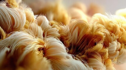Soft abstract fluffy texture with flowing fibers in golden tones, macro background, cozy aesthetic