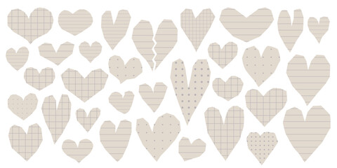 Set of roughly hand-cut paper hearts with various notebook textures: grid, lines, dots on white background. Vector collage for scrapbooking, photo album design, presentations, social media posts.