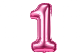 Number one balloon, pink foil on transparent background celebration party