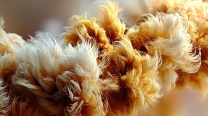 Soft abstract fluffy texture with flowing fibers in golden tones, macro background, cozy aesthetic