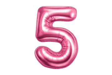 Pink foil number 5 isolated on transparent background, glossy style.