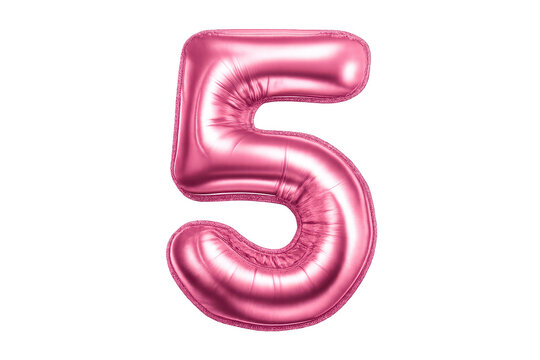 Pink foil number 5 isolated on transparent background, glossy style.