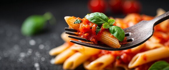 Enjoy Italian Pasta With Tomato Sauce on a Fork Featuring a Basil Leaf for Restaurant Italian Week Promotion