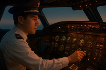 Pilot operating and adjusting flight instruments in an airplane cockpit. Focusing on control, technology, and air travel