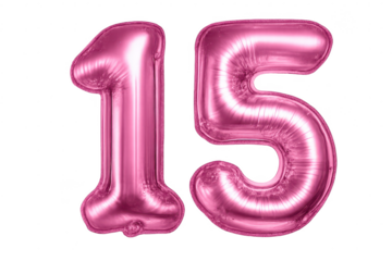 Pink number fifteen balloons on transparent background, isolated shot