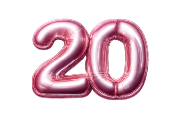 Shiny pink 20 balloon number on transparent background illustration.