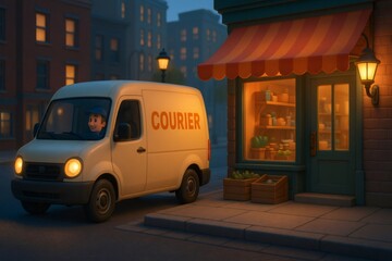 Smiling delivery driver arriving in a white courier van at a charming local store, illuminated at dusk